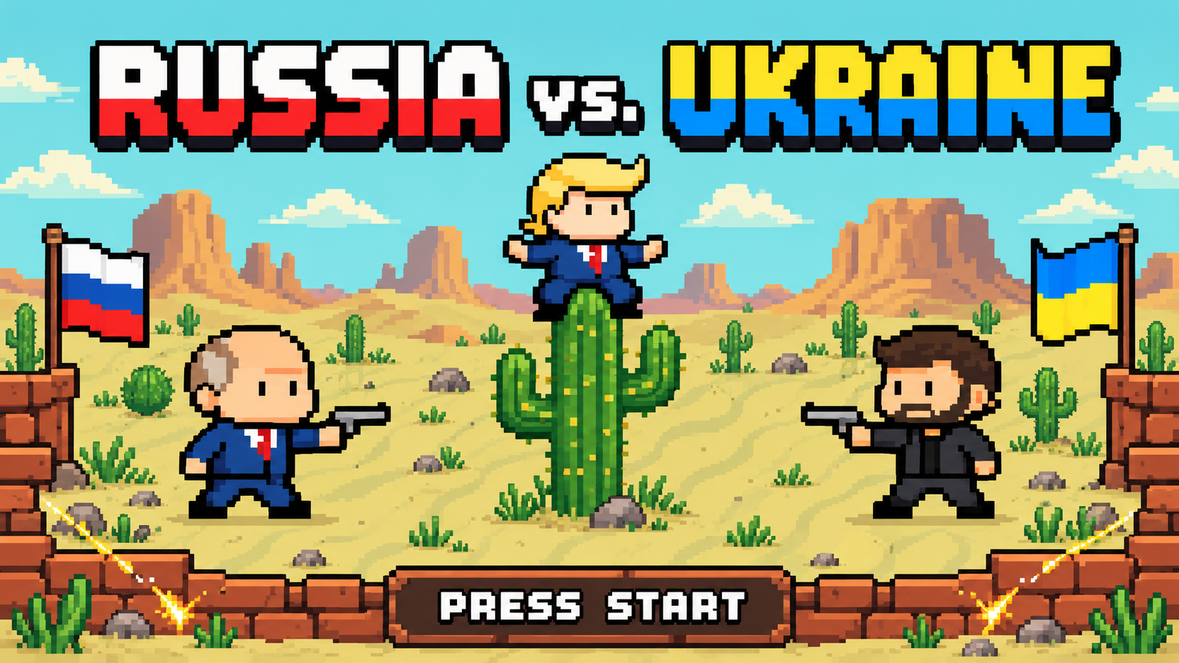 Russia vs. Ukraine pixel-art splash screen with Putin and Zelensky facing off, and Trump sitting on a cactus