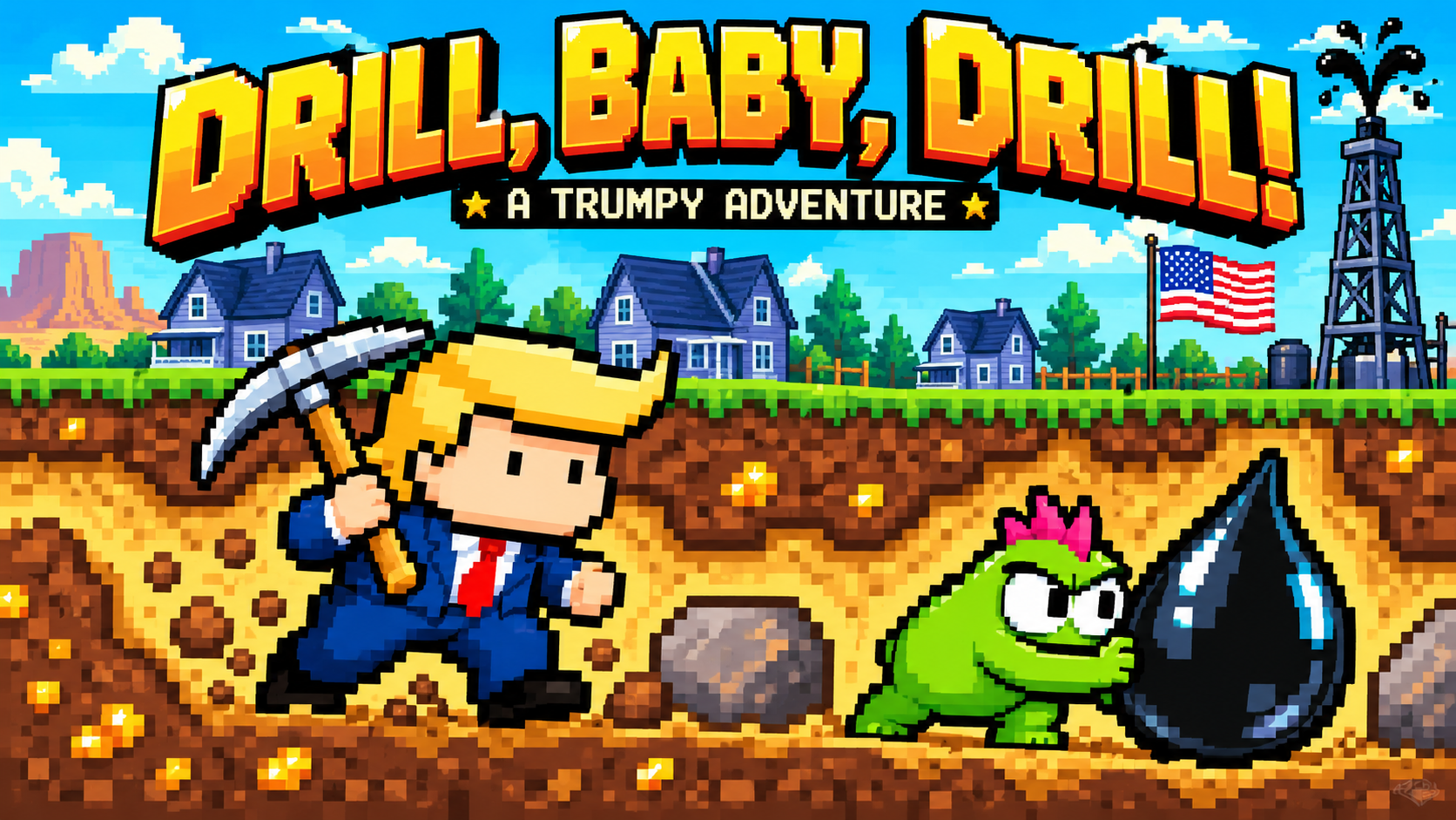 Pixel-art cover of a miner with a pickaxe digging for oil while dodging a pink-haired monster