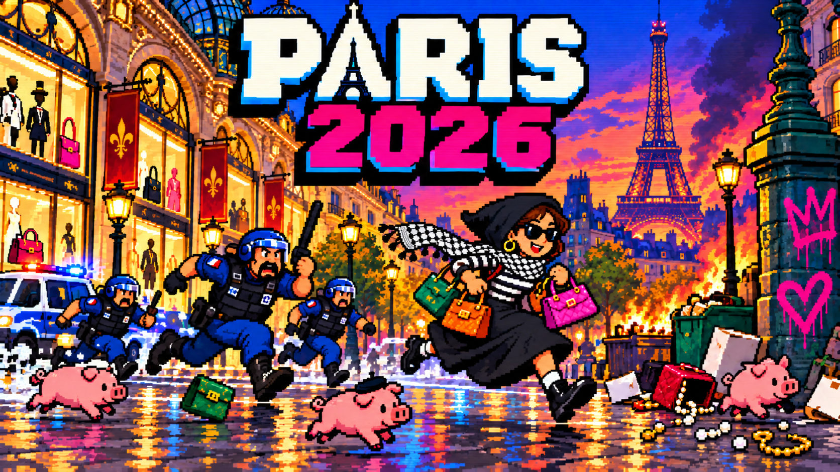 Pixel art of a Paris street with pocketbooks and police