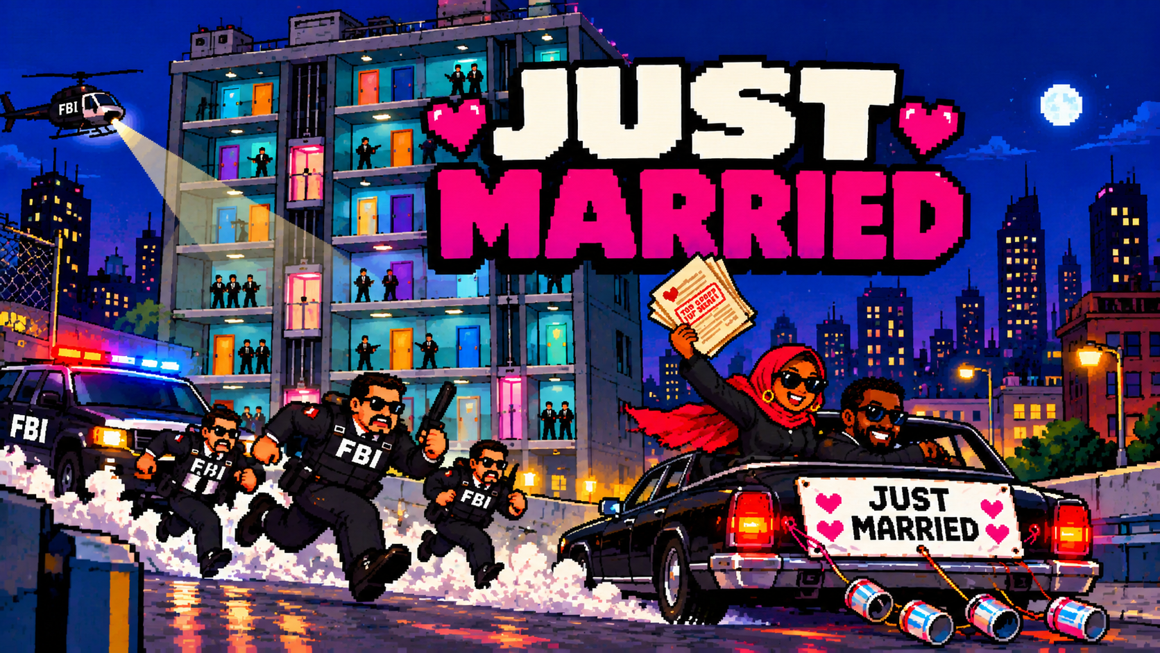 Pixel-art wedding escape chase splash screen