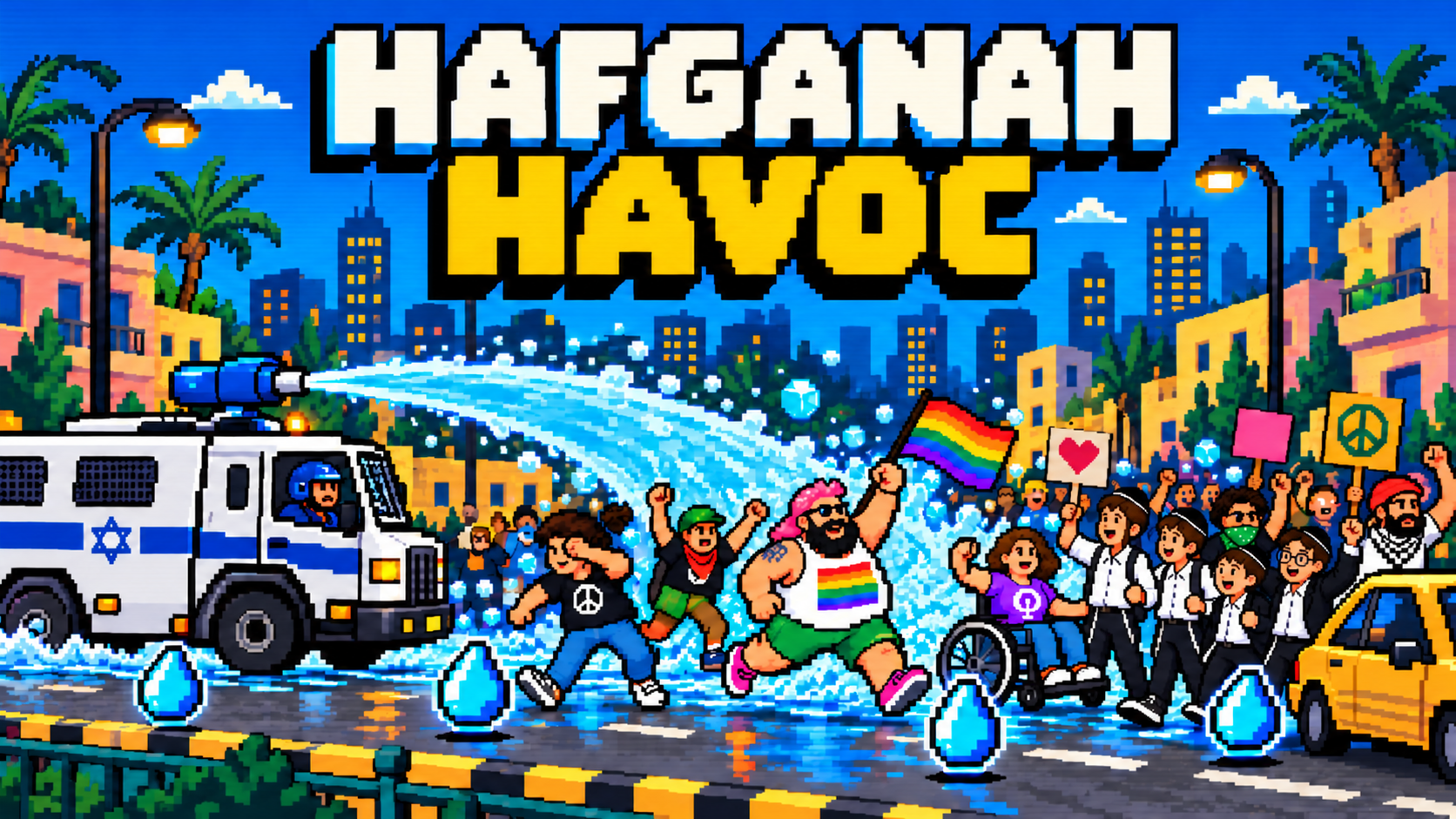 Pixel art of a crowded Israeli street protest